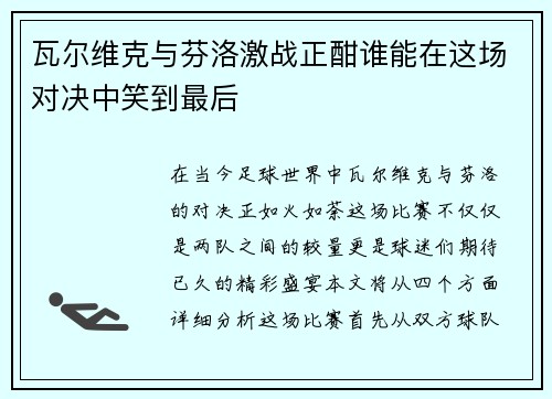 瓦尔维克与芬洛激战正酣谁能在这场对决中笑到最后