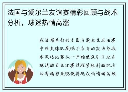 法国与爱尔兰友谊赛精彩回顾与战术分析，球迷热情高涨